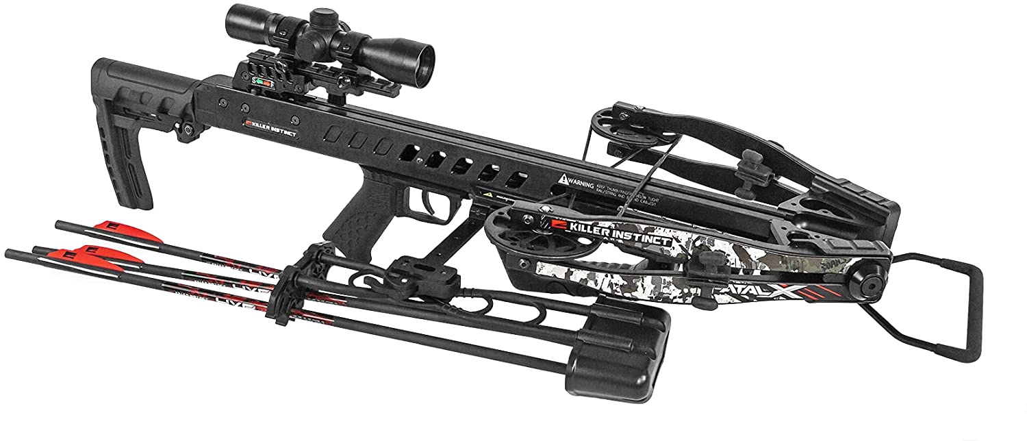 Killer Instinct - FATAL-X Crossbow Pro Package Kit with LUMIX 4x32 IR-E Scope, Sled Rope Cocker, Quiver, 20-inch HYPR Bolts with Field Tips