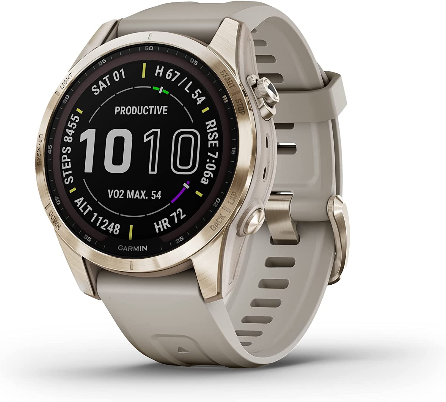 Garmin - Fenix 7S Sapphire Solar Edition, Adventure Bluetooth Touchscreen Smartwatch, Cream Gold Titanium with Light Sand Band